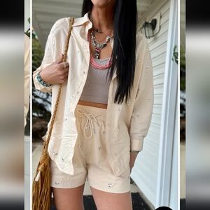 Blue B Embellished Gemstone Poplin Button Down And Shorts Set Size Large